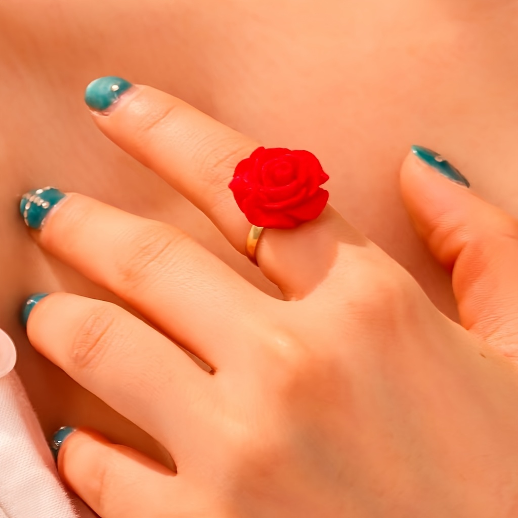 Vintage Inspired Faux Flower Open Ring Red Rose Stylish Accessory